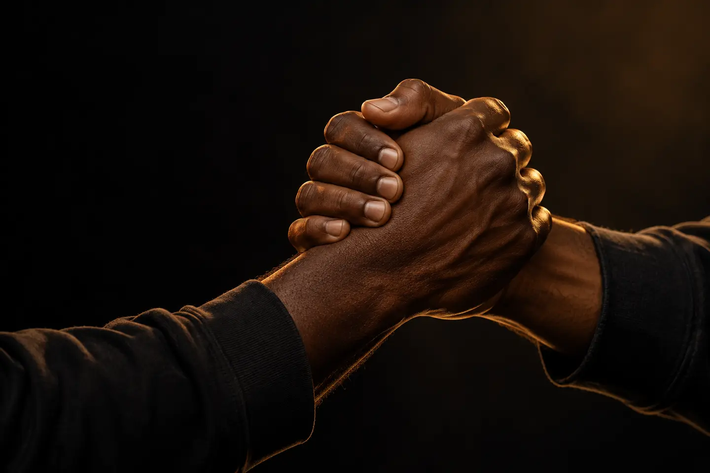 Two hands clasped in mutual support, symbolizing unity.